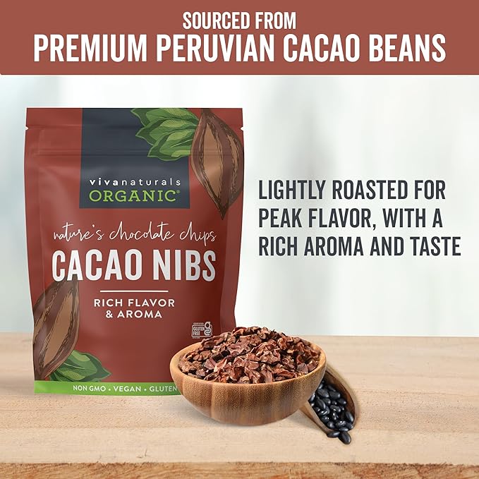 Viva Naturals Organic Cacao Nibs, Unsweetened, 1 LB (454 g), Keto Friendly, Vegan, Non-GMO, Gluten-Free Chocolate Chip Substitute