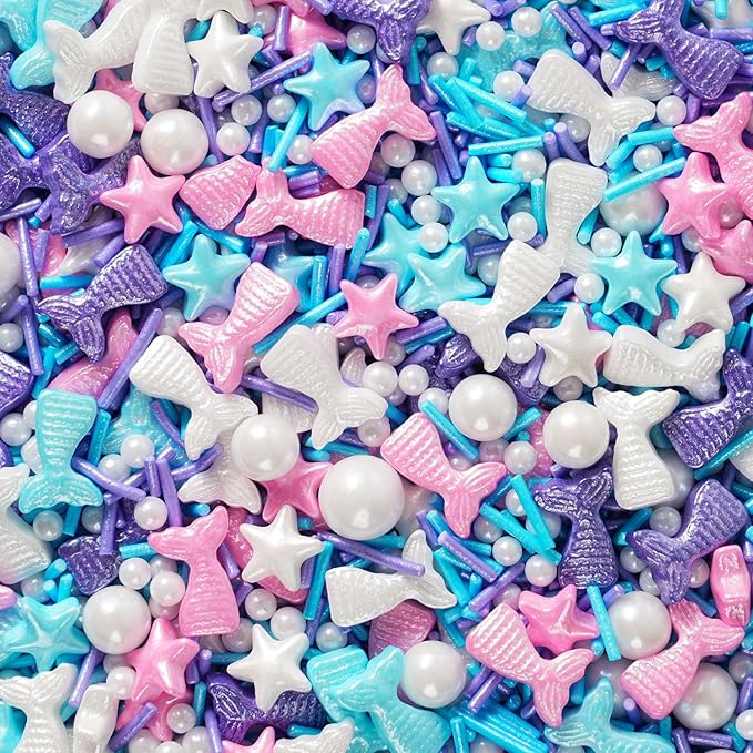 Mermaid Sprinkles for Cake Decorating – Edible Pearl & Star Sugar with Jimmies (Blue, Pink, Purple) – Ocean & Unicorn Theme Sprinkles Mix for Cupcakes, Cookies, Donuts – Birthday Party Baking Supplies