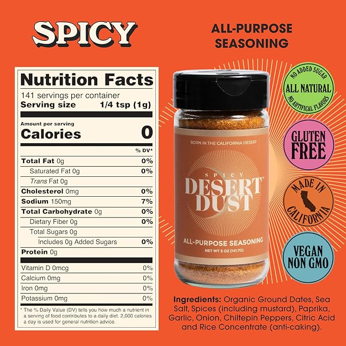 Desert Dust Spicy – All-Purpose Chiltepin Pepper Seasoning with Organic Date Sugar | Bold Medium-Hot Heat for Steak, Chicken, Seafood, Vegetables & More | Low-Glycemic, Gluten-Free | 5oz