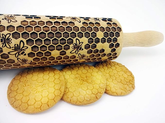 HONEYCOMB EMBOSSING ROLLING PIN LASER ENGRAVED ROLLING PIN with BEES PATTERN FOR HOMEMADE COOKIES