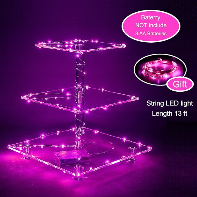 Cupcake Stand, 3-Tier Cupcake Holder with LED light String, Acrylic Cupcake Tower Display-Dessert Tower-Pastry Stand-Cupcake Tier Stand for Wedding, Birthday party ( Pink Light)
