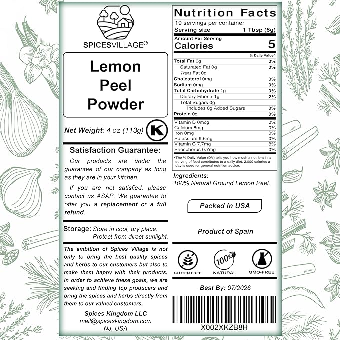 SPICES VILLAGE Lemon Zest Powder, Natural Lemon Peel Powder for Baking, 4 oz, Cooking and Herb Tea - Certified Kosher, Gluten Free, Non GMO, Vegan, Resealable Bag