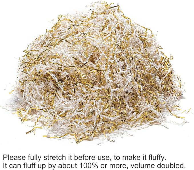 Mefleet 1 LB Crinkle Cut Paper Shred Filler White & Gold Crinkle Shredded Paper for Gift Box - Gift Basket Bag Filler - Grass Cushion Stuffing for Christmas Holiday Packaging Wrapping