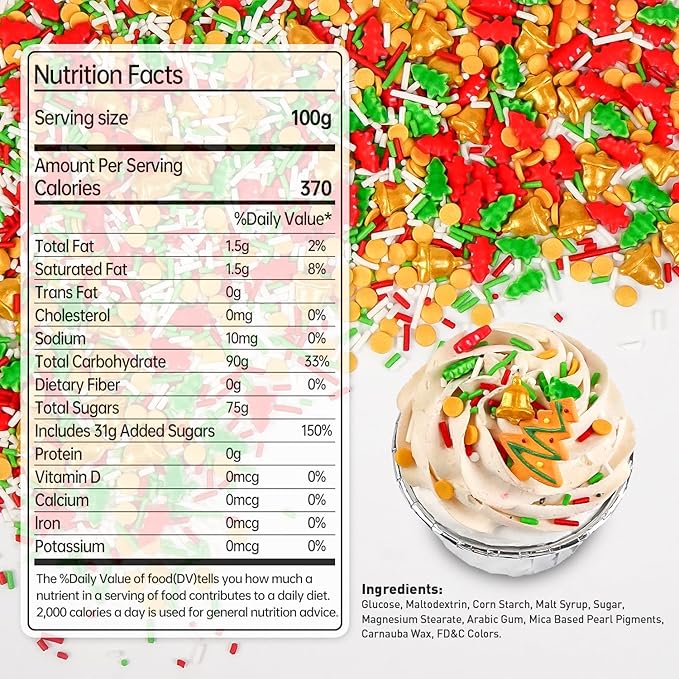 Christmas Sprinkles for Cake Decorating, Christmas Tree Bell Sprinkles Mix, 150g/5.29oz, Perfect for Cake Decoration, Cupcake Decorations, Baking, foodgrade