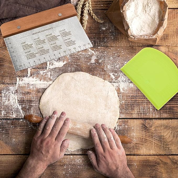 Ultimate Dough Scrapper Set: 3-Piece Stainless Steel Bench Scraper Kit with Ergonomic Handle and Built-in Measurement Scale - Perfect for Bread, Pizza, Cake, and More!