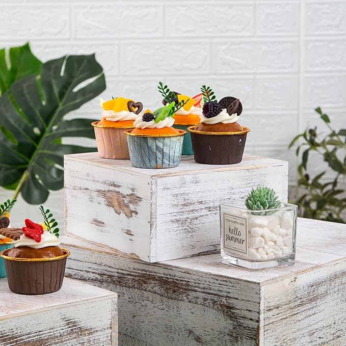 Vintage Brown Square Wooden Cake Stands For Display,Set Of 4 Wood Cupcake Stands Risers, 12 Inches Rustic Wood Crates For Wedding Cake Display,Square Wooden Display Risers For Home Decor . (Vintage White)