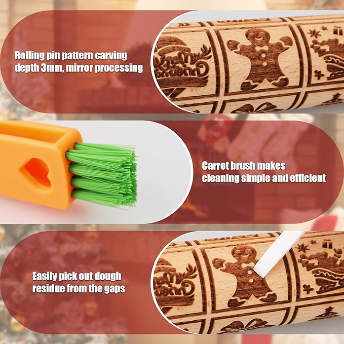 17" Premium Wooden Rolling Pins for Baking with Christmas Embossed Designs | 3mm Deep Springerle Cookie Molds | Christmas Rolling Pin & Baking Gifts for Women | Includes 3-in-1 Cleaning Brush