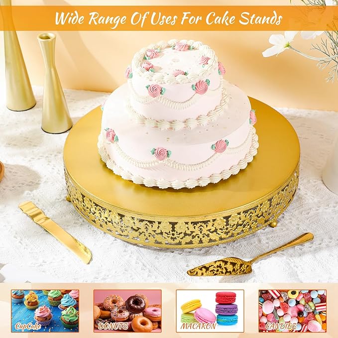 Wenqik 16 Inch Cake Stand Set Gold Wedding Cake Dessert Round Stand with Cakes Cutting & Spatula Candy Table Display for Party Wedding Birthday Baby Shower Housewarming Anniversary Celebration