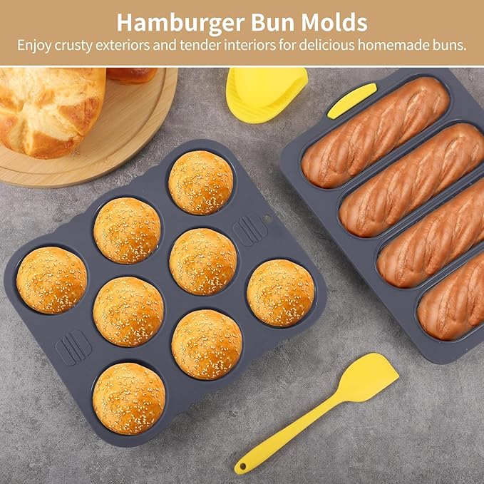 Set of 5 Hamburger Bun Pans for Baking, 4/8-Cup Hamburger Bun Mold, Silicone French Bread Baking Pan with Brush, Spatula, and Grab Glove, Nonstick Perforated Baking Pans