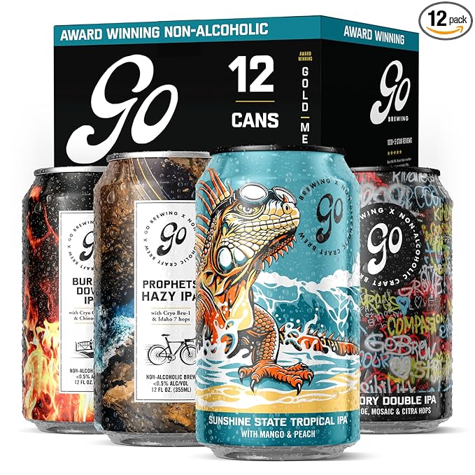 Go Brewing - IPA 12 Mixed Pack - Non Alcoholic Beer - Small Batch Brew - Low Calorie Drink - Featuring Double IPA, Prophets Hazy IPA, Citrus IPA & Tropical IPA - Low-Calorie, NA Brew (12 oz, 12 Pack)