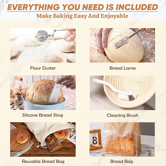 Complete Sourdough Starter Kit - 24 PCS 𝗣𝗥𝗘𝗠𝗜𝗨𝗠 Sourdough Bread Baking Supplies for Modern Kitchen, 9" Round Banneton Bread Proofing Baskets Making Tools for Beginners & HomeBakers