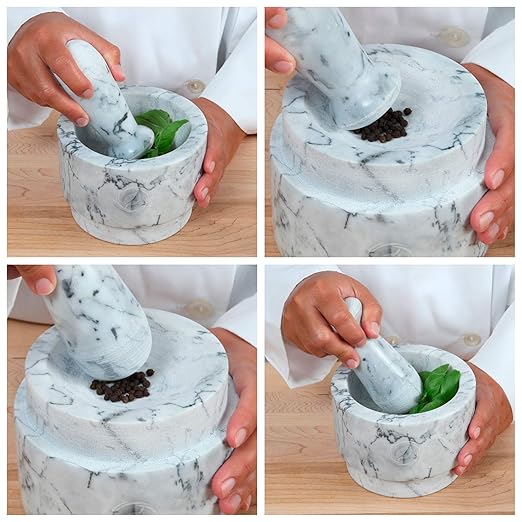 Laevo White Marble Mortar and Pestle Set - Heavy Duty Stone Spice Grinder - 2.1 Cup Capacity, 5.5-Inch Reversible Mortar and Pestle Set for Guacamole, Pesto, Spices - Large