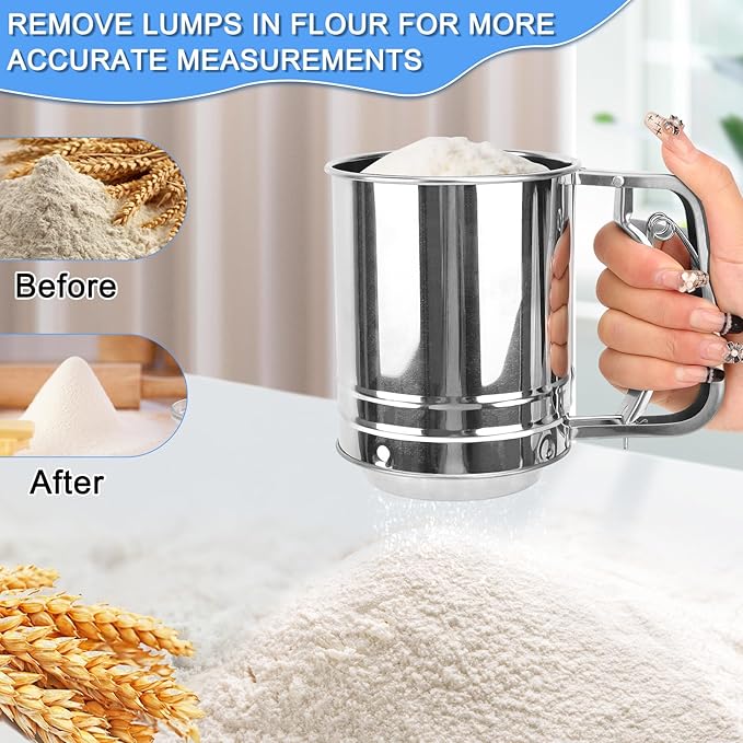 Flour Sifter Stainless Steel, 3 Cup Flour Sifters for Baking, 2 Sets 3 in 1 Sifter for Baking with Powdered Sugar Shaker Duster, Flour Shaker Duster for Baking Cakes Pastries Pies Cupcakes Desserts