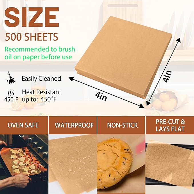500 Pcs Parchment Paper Baking Sheets, 4"x4" Precut Non-Stick Baking Parchment Paper Sheets Bun Sheet Pan Liners.Baking Grilling Air Fryer Steaming Bread Cup Cake Cookie (Brown-4"x4")