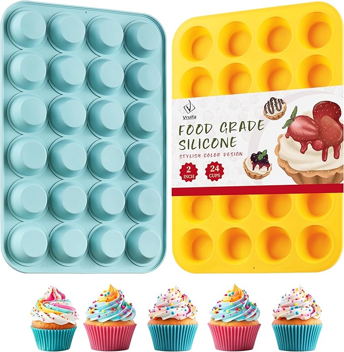 2PCS Silicone Mini Muffin Pan, 24 Cups Nonstick Mini Cupcake Pan for Baking, BPA Free and Dishwasher Safe, Great for Making Muffin Cakes, Tart, Bread and Egg Bites