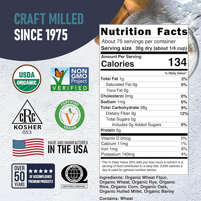 Great River Milling Organic 7 Grain Blend Bread Flour | Unbleached & Unbromated | Non-GMO, Kosher Certified | Hearty Multi-Grain Flour for Breads, Muffins & Everyday Baking | 5 Lb