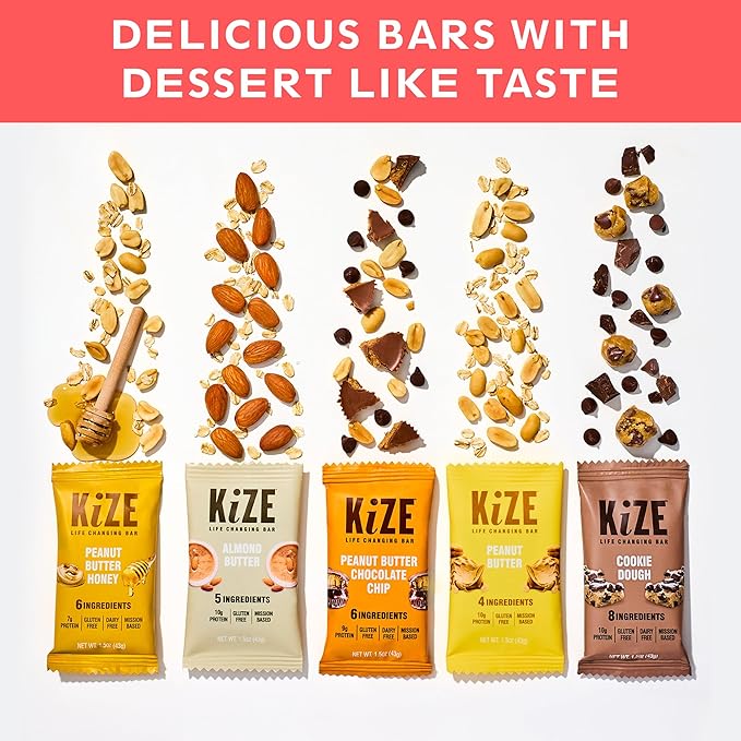 KiZE Energy Bars - Best Sellers Variety Pack - 20-Count -Gluten Free, Dairy Free Options, Non-GMO, and High Protein Meal Replacement Energy Bars, Clean and Simple Food Ingredients - 7-10g High Protein Snacks (20 Count)