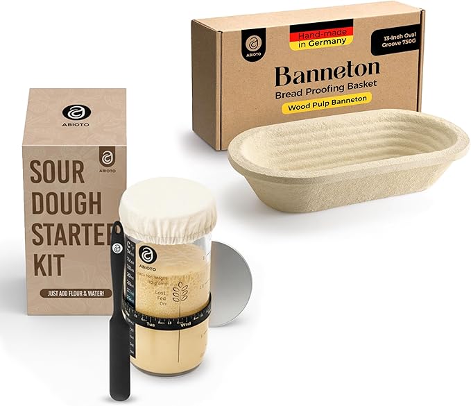 Sourdough Proofing Basket and Starter Jar Kit – 1.5 LB Oval Wood Pulp Banneton (Made in Germany) with 24 oz Sourdough Starter Jar, Thermometer Strips & Spatula – Bread Proofing Basket Set