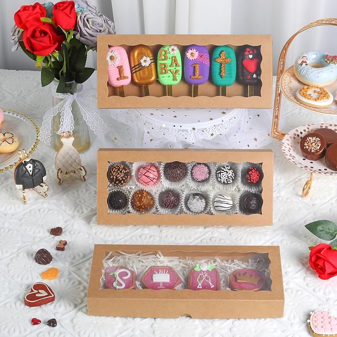 50pcs 12x5x1.5Inches Brown Cookies Boxes with Window Bakery Boxes Chocolate Truffle Boxes Macaron Boxes Cakesickle Boxes Browines Treat Boxes for Christmas Valentine's Father's Mother's Day