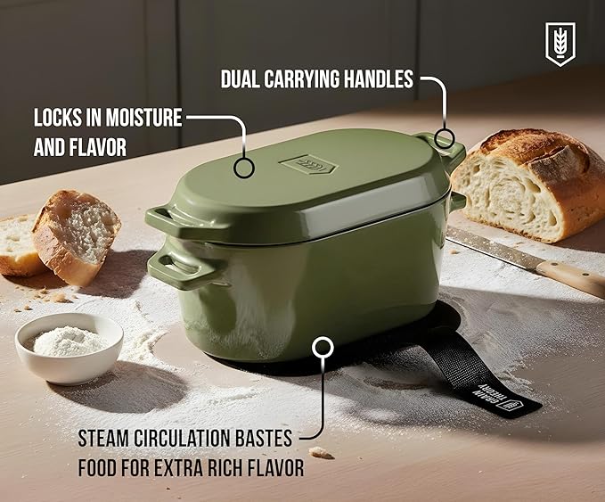 KooK Dutch Oven, for Bread Baking, Sourdough Loaf Pan, Dual Handles, Enameled Cast Iron, with Sling, Dishwasher Safe, 3.4 Qt, Sage Ombre