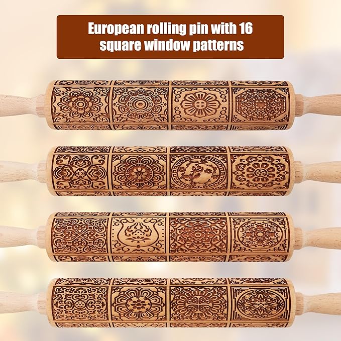 17" Premium Wooden Rolling Pins for Baking with European Embossed Designs | 3mm Deep Springerle Cookie Molds | Christmas Rolling Pin & Baking Gifts for Women | Includes 3-in-1 Cleaning Brush