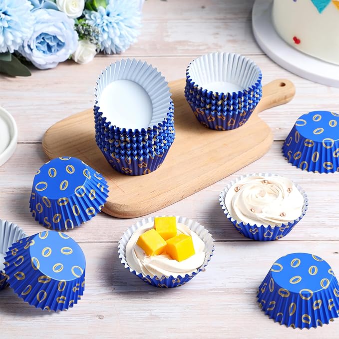 Vesici 300 Counts Video Game Cupcake Liners Blue and Gold Rings Paper Cupcake Wrappers Holders Cartoon Disposable Baking Cup Bulk for Birthday Baby Shower Baking Party Supplies