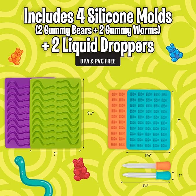 Gummy Bear & Worm Silicone Candy Molds (4pk) BPA-Free Nonstick Trays w 2 Droppers for Chocolate, Ice Cubes & More-Make up to 140 Candies for Holiday Parties-Fun Winter Activity, Gift, Stocking Stuffer