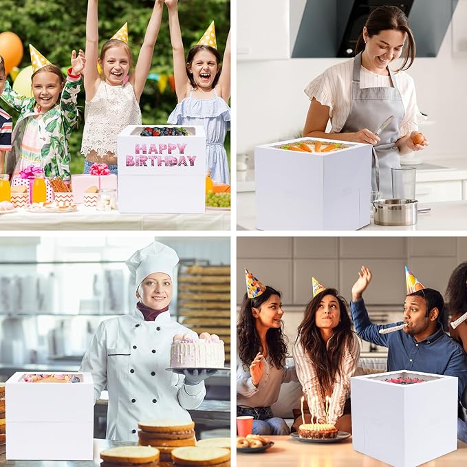 Moretoes 12 Pack Cake Boxes, 12x12x12 Inch Cake Box with Window for Tier Cakes, Sturdy Tall Cake Carrier with Lids, Disposable Containers for Valentine's Day, Mother's Day, Wedding, Birthday, Party