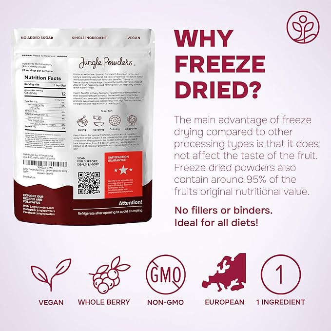 Jungle Powders Raspberry Powder 3.5 Ounce Bag, Food Grade Powdered Unsweetened Freeze Dried Raspberries, Additive, Filler Free Red Superfood Extract for Baking Cooking Flavoring Rasberries Smoothies