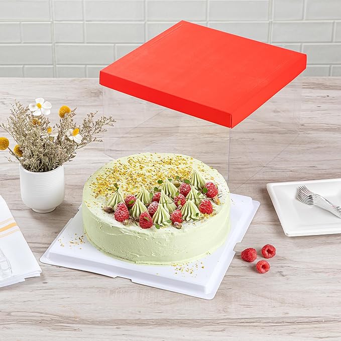 Restaurantware Sweet Vision 10 Inch x 8.25 Inch Transparent Cake Boxes 10 Grease Resistant Base Clear Cake Boxes - Red Lid Red Ribbon Plastic Birthday Cake Boxes For Weddings Or Birthdays