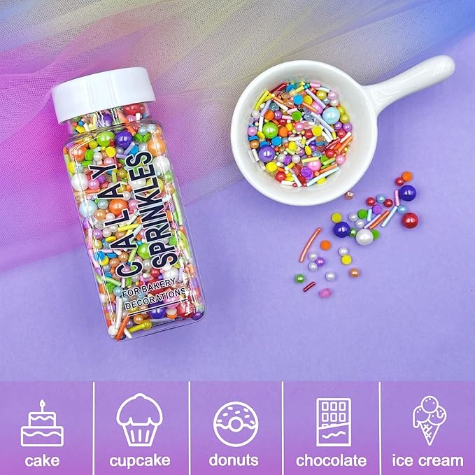 Rainbow Sprinkles for Cake Decorating, 4.6Oz Pastel Jimmies and Pearls Sprinkles Mix for Donut Cookie Baking Brownies Cupcake Ice Cream Toppings