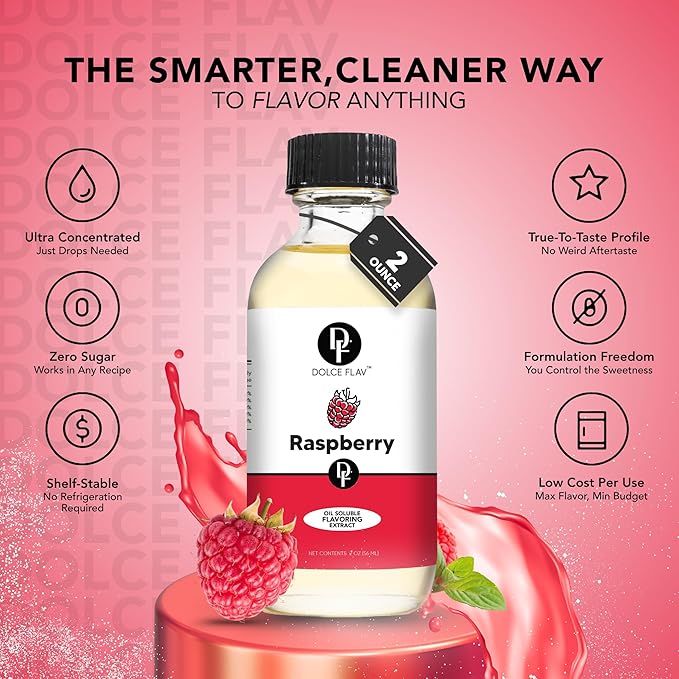 Dolce Flav Raspberry Extract (Oil-Soluble) 1 Gallon – Kosher, Sugar-Free, Concentrated Raspberry Flavoring for Chocolates, Candies & Baking
