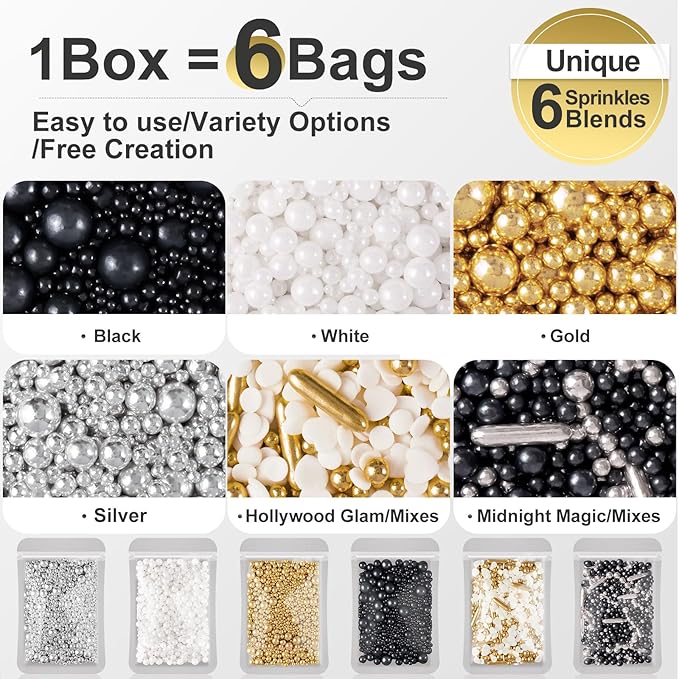 HUEBEATY 6-in-1 Edible Cake Pearl Sprinkles – Black Gold Silver White Sprinkles for Cake Decorating, Cupcakes, Cookies & Ice Cream | 6.36oz/180g | Wedding, Birthday, Graduation, New Year, Valentines Decorations