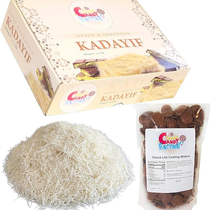 Premium 500gr Dried & Shredded Kadayif and 1 Lb Coating Melting Wafers Milk Chocolate Baking Cocoa Lite, Chocolate for Dubai Chocolate (Kataifi) Fillo Dough, Kurutulmus Kadayif Pastry Dough, Phyllo Dough Kosher