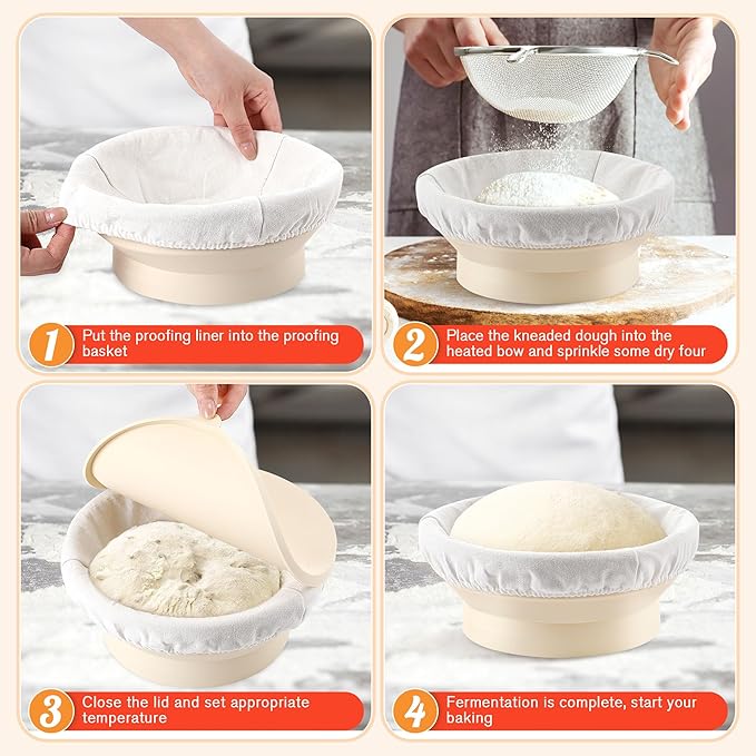 Enhon Heated Bread Proofing Baskets, Round 9 Inch Sourdough Starter Kit 4 Levels Temperature Adjustment Bread Making Tool, Proofing Basket with Liners for Banneton Bread Baking Homemade Essentials