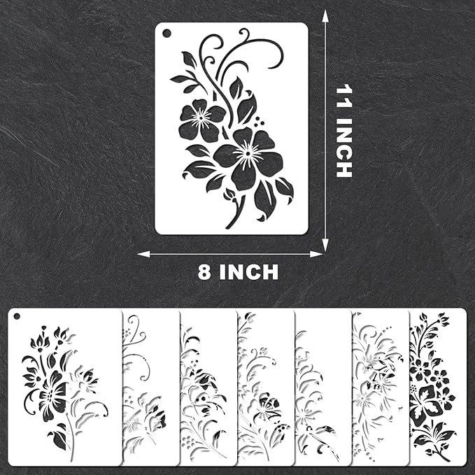 YKW 8 Pack Floral Stencils for Painting, Reusable Plant Spray Paint Templates - Large 11x8 Flower Patterns for Wall, Fabric, Wood,Stone - DIY Home Decor (Plant-Flower)