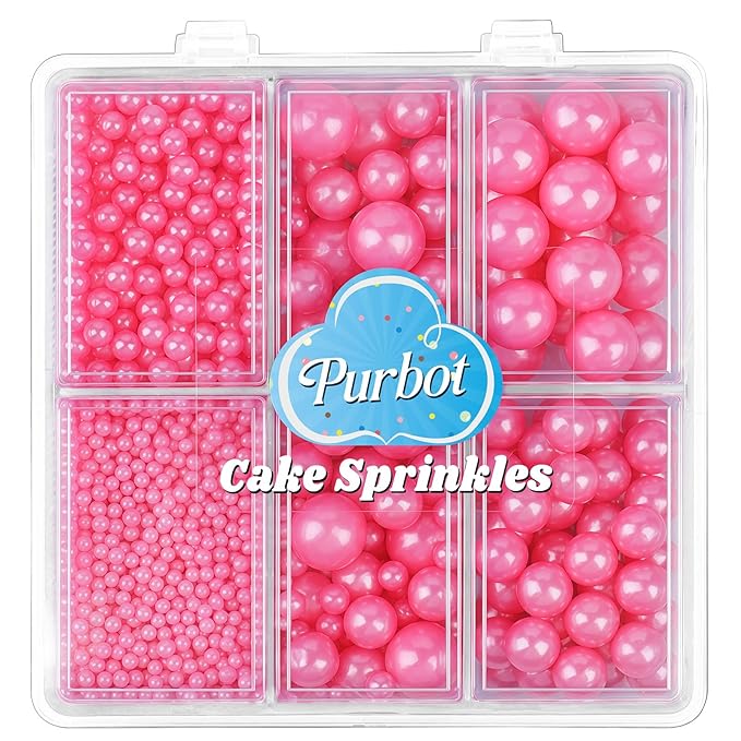 Pink Sprinkle for Cake Decorating, 4 Sizes Pearl Edible Sugar 130g/4.6oz, Cupcake, Ice Cream, Donuts, Macaron Toppings Supplies (2mm, 4mm, 7mm, 1cm) (Pink)