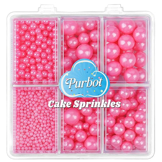 Pink Sprinkle for Cake Decorating, 4 Sizes Pearl Edible Sugar 130g/4.6oz, Cupcake, Ice Cream, Donuts, Macaron Toppings Supplies (2mm, 4mm, 7mm, 1cm) (Pink)