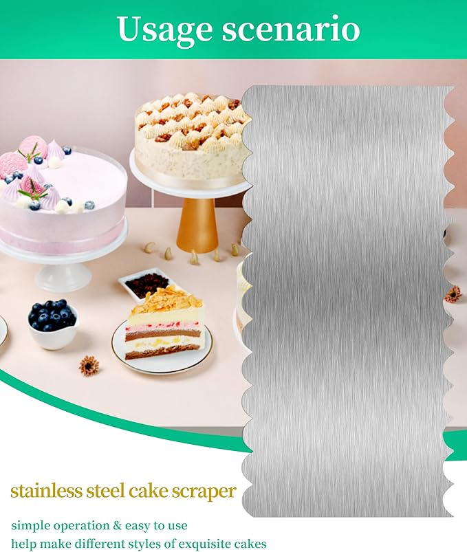 Cake Scraper Smoother Cake Decorating Supplies Kit 8.6 Inch Metal Bench Scraper for Baking Buttercream Smoother Stainless Steel Frosting Cake Comb Edge Side Jagged Comb for Cream Cake-2