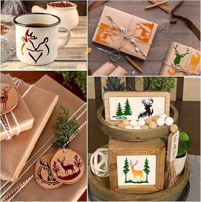 35 Pack Deer Stencils for Painting on Wood, Pine Tree Stencils Deer Head Antlers Stencil Forest Animal Template for DIY Craft Wall Fabric Rock Chalkboard Sign School Art Scrapbook Projects (Deer)
