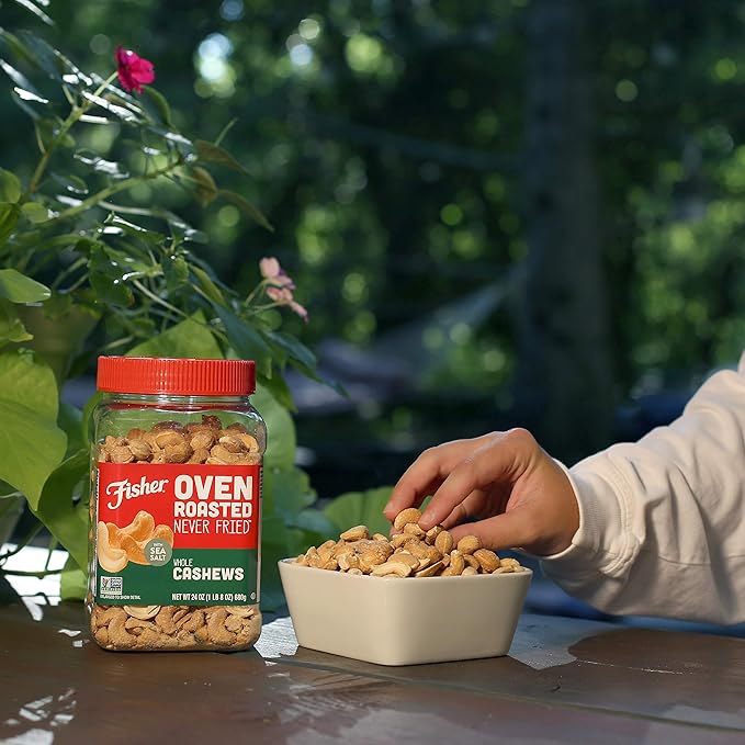 Fisher Oven Roasted Never Fried Whole Cashews, 24 Ounces (Pack of 2), Snacks for Adults, Made With Sea Salt, No Added Oils, Artificial Ingredients or Preservatives, Gluten Free, Vegan Protein, Bulk