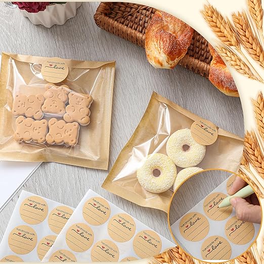 Outus 100 Pcs Cookie Packaging Bags with Seal, 5 x 6 Inch Bakery Pastry Bags with Window, Heat Sealable Grease Resistant Paper to Go Bake Sleeves for Gift Giving Donut Bread Sandwich (Brown)