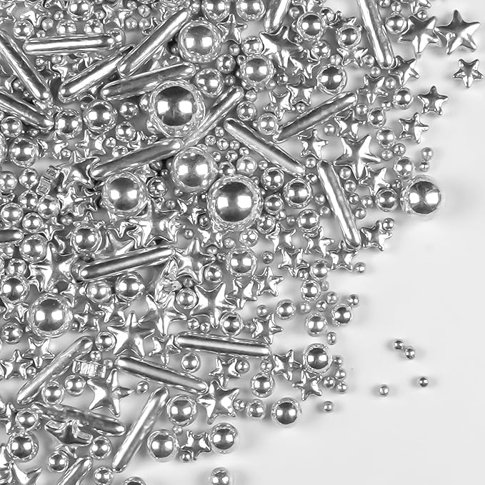 Silver Pearl Rods Star Sugar Christmas Sprinkles, Silver Sprinkles for Cake, Edible Pearls Baking Candy, 150g/5.29oz Mix Size, Cupcake Decoration, Wedding Party Supplies