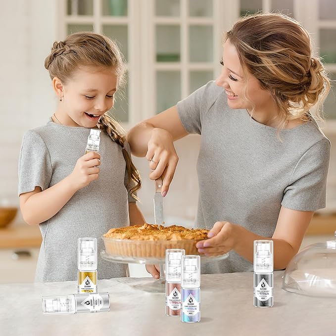 Edible Glitter Spray Set - 5 Colors Iridescent Gold, Silver, White & Rose Gold Food Grade Shimmer Powder, Metallic Edible Spray Glitter for Cakes, Cookies, Chocolate & Strawberries, 5g/Bottle