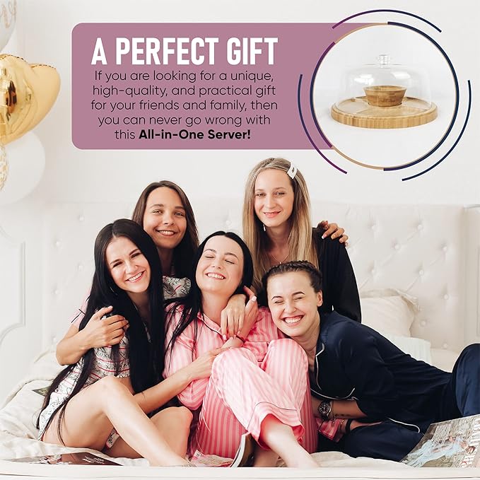 CHEF'S UNIQUE 6-in-1 Bamboo Cake Stand with Dome – Multifunctional Serving Platter, Punch Bowl, Salad Bowl, Chip & Dip Tray, Dessert Display with Clear Acrylic Cover