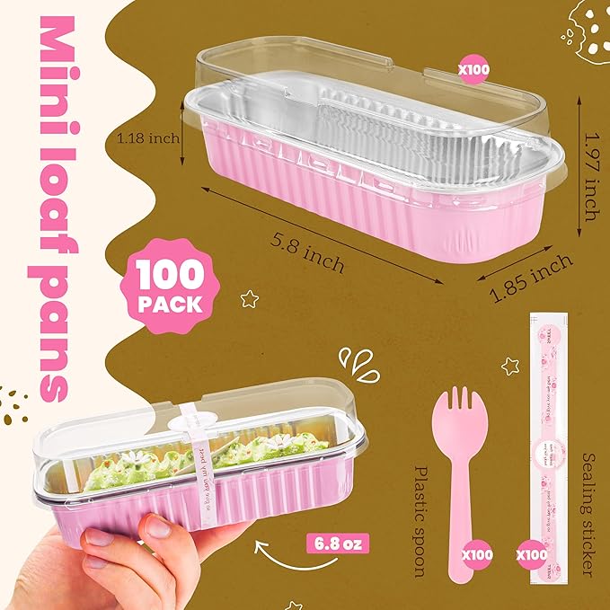 100 Pack Mini Cake Pans with Lids and Spoons Rectangular Aluminum Foil Baking Pans Mini Cheesecake Containers(6.8oz)