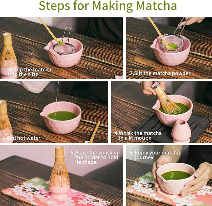 7 Pcs Matcha Whisk Set, Ceramic Matcha Set Includes Matcha Bowl, Matcha Whisk and Holder, Bamboo Scoop, Scoop Rest, Sifter and Tea Towel With home, tea house, office, etc (Pink)