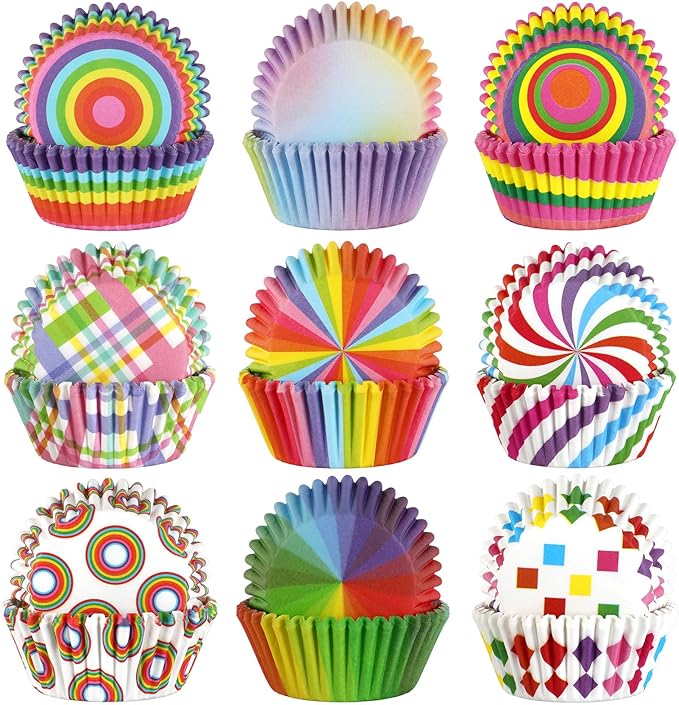 SANNIX 450pcs Rainbow Cupcake Liners, Colorful Baking Cups Cupcake Wrappers Paper Wraps Muffin Liners for Birthday Pride Party Candy Cake Decorations Supplies(9 Designs)