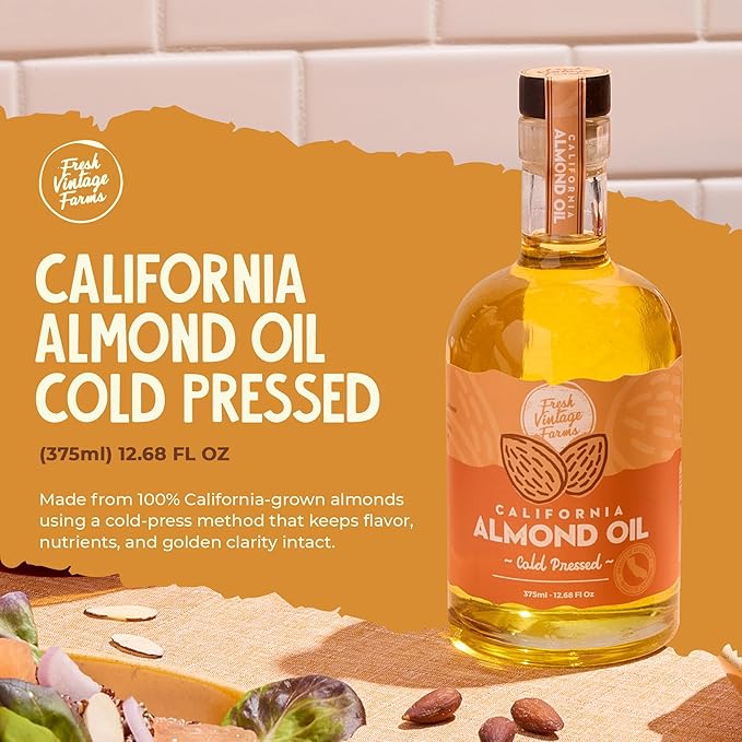 Fresh Vintage Farms 100% Cold Pressed Sweet Almond Oil | Nutrient-Rich Healthy Cooking Oil for Cooking, Baking, Grilling, Dipping, & Salads | Cold Pressed Almond Oil - 12.68 Fl oz, Pack of 2