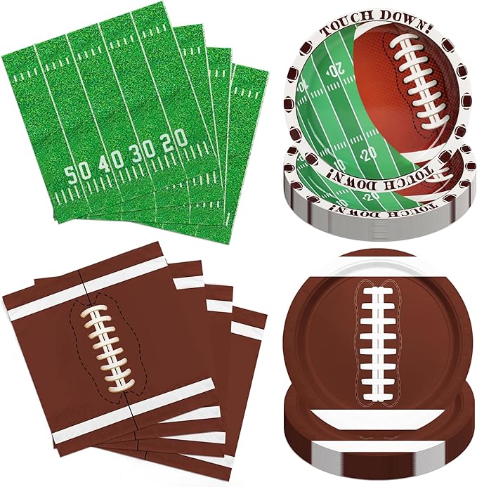 200PCS Football Plates and Napkins Party Decorations - Football Birthday Party Supplies Kit Serve 50, Football Party Favors Set Includes Plates, Napkins, Soccor Chrismas Birthday Gifts
